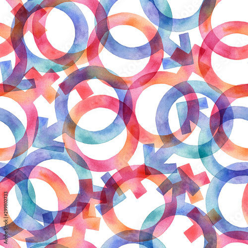Seamless watercolor pattern of symbols of gender differences.