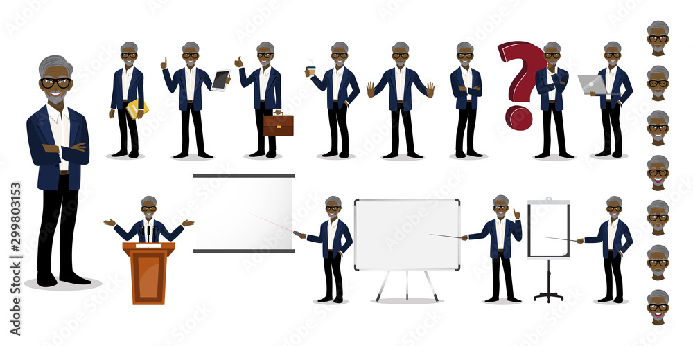 African American Professor cartoon character set. Old man in a smart suit on white background . Vector illustration African American Professor cartoon character set. Old man in a smart suit on white background . Vector illustration