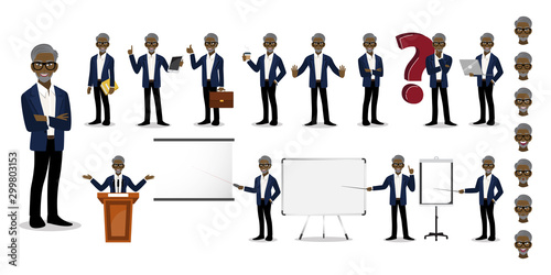 African American Professor cartoon character set. Old man in a smart suit on white background . Vector illustration
