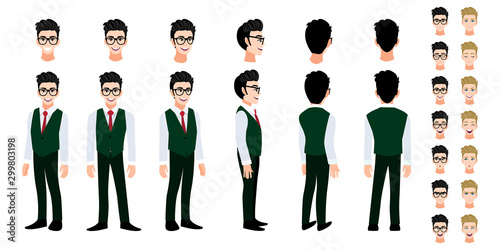 University student cartoon character head set and animation. Front, side, back, 3-4 view character. Flat icon design vector