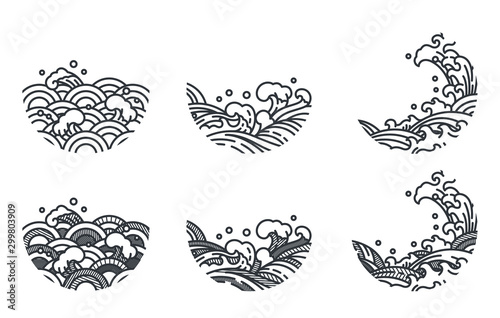 Oriental ocean wave line art vector illustration traditional style.