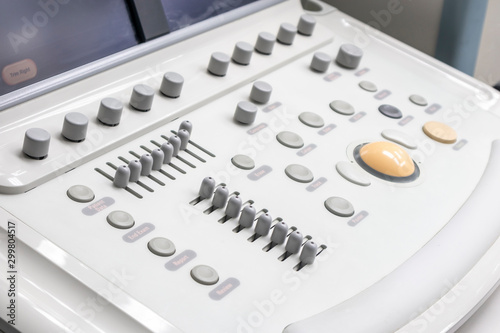 close up control panel of the ultrasound machine in hospital.