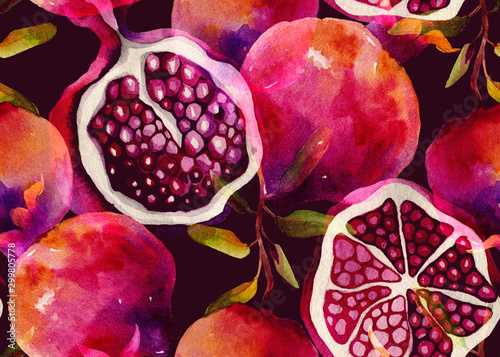 Seamless watercolor pattern of ripe pomegranate fruits.