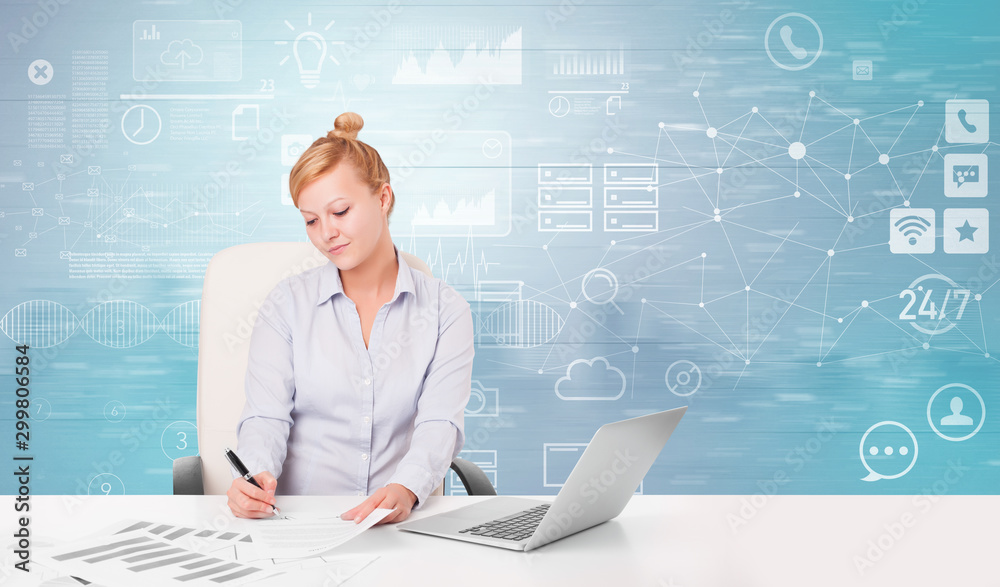 Business person at front desk with workflow concept Business person at front desk with workflow concept
