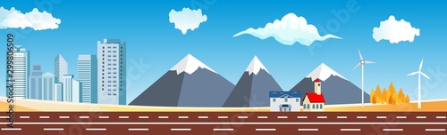 Panoramic city  buildings and houses highway countryside vector banner flat