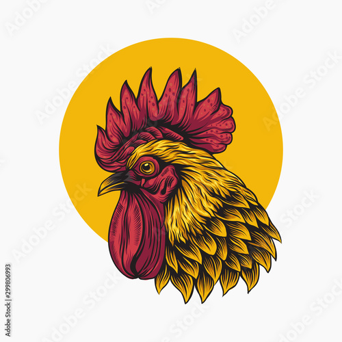 Stylized Rooster Vector Illustration: A Vibrant Profile with Red and Yellow Colors Framed by a Bright Yellow Circle on a Clean White Background