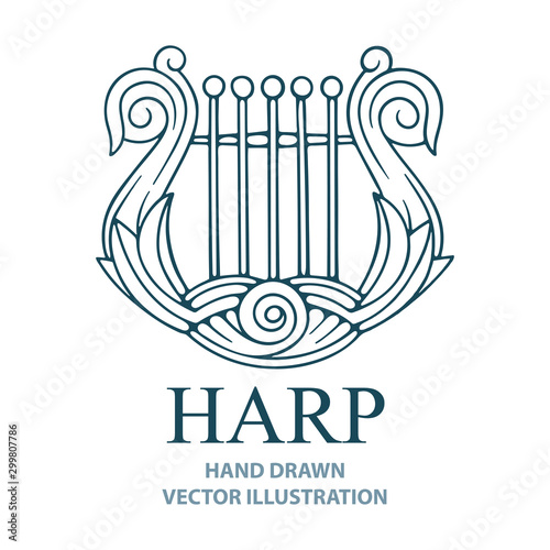 Harp. Harp hand drawn musical instrument vector illustration. Harp symbol sketch drawing. Part of set.