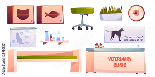 Veterinary vet clinic furniture and stuff set isolated on white background. Reception desk, couch, shelf for medicine, chair, clock. Animals hospital banners, pets medicine Cartoon vector illustration