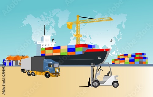 Logistics and transportation of Container Cargo ship, heavy trucks and sea port with working crane in shipyard , logistic import export and transport concept vector