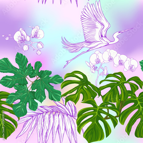 Seamless pattern, background. with tropical plants and flowers with white orchid and tropical birds In light ultra violet pastel mesh background. Colored and outline design. Vector illustration..
