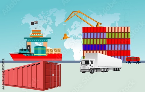 Logistics and transportation of Container Cargo ship and sea port with working crane in shipyard , logistic import export and transport concept vector