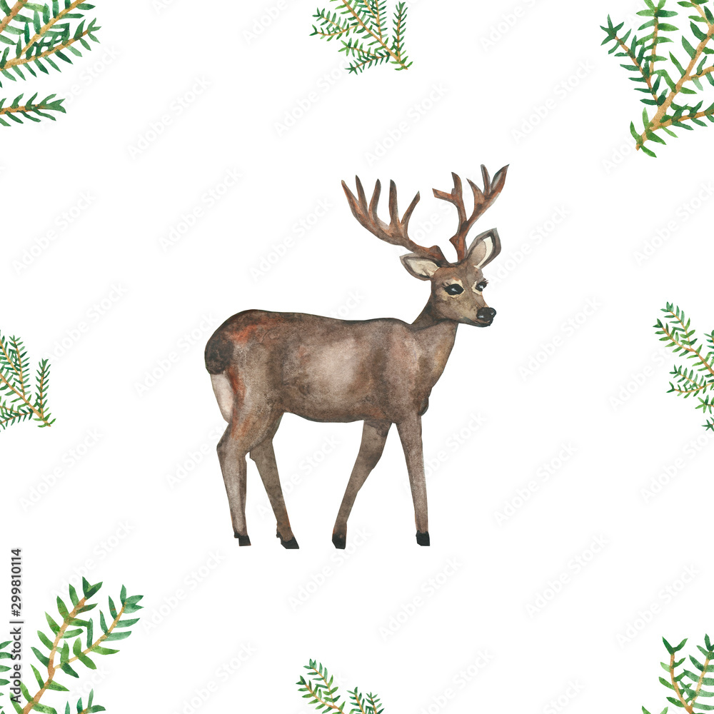 Obraz Akwarela ręcznie malowane natura zima wakacje celebracja wzór z brązowym jelenie dzikie zwierzę z rogami i zielone gałęzie jodły na białym tle na białym tle, modny druk dla projektu