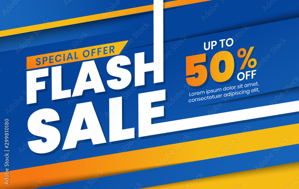 Flash sale discount banner template promotion on blue and orange background. Promotional banner template, voucher, discount, flash sale