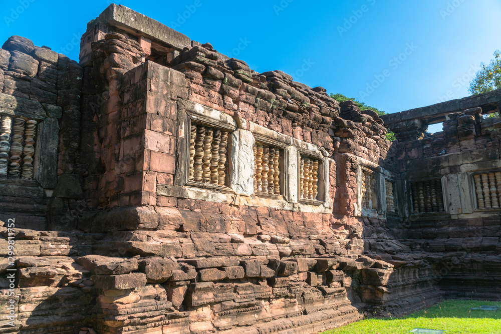 The beautiful stone castle in Phimai historical park. Prasat Hin Phimai ancient Khmer Temple in Nakhon Ratchasima Thailand. .Phimai stone castle built from laterite stone in Angkorian period arts
