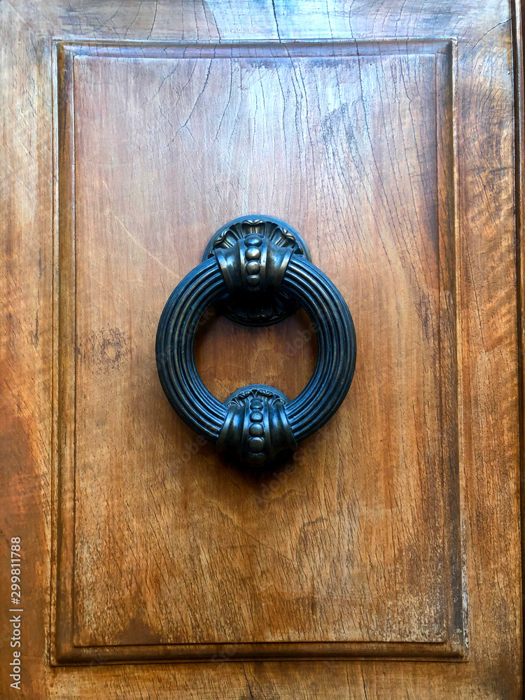 Black Iron knocker on a wood door Black Iron knocker on a wood door