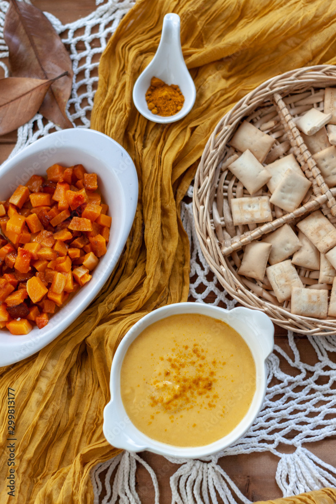 Fototapeta premium ..Pumpkin soup cream. Delicius Pumpkin Cream. Raosted Pumpkin. Top view