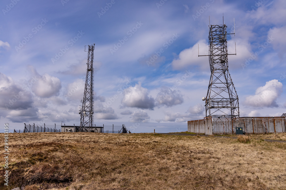 Two radio towers sitting side by side on a hilltop plateau, Slieveanorra, County Antrim, Northern Ireland