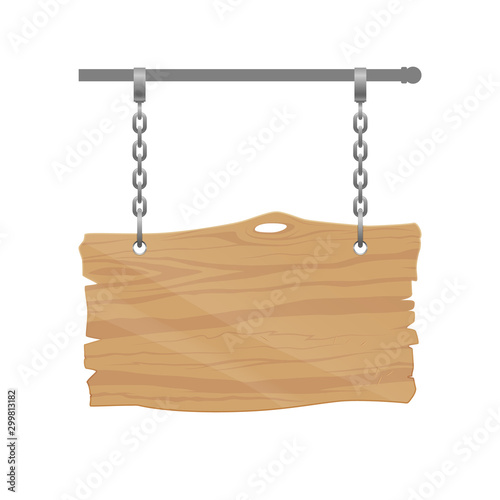 The wooden signboard with a hole in it the one hangs on chains the signboard is isolated on a white background.
