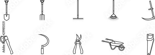Set of linear vector icons of gardening tools - shovel, rake, sickle, scythe, saw, ax, wheelbarrow, secateurs, hayfork. Isolated elements on a transparent background.