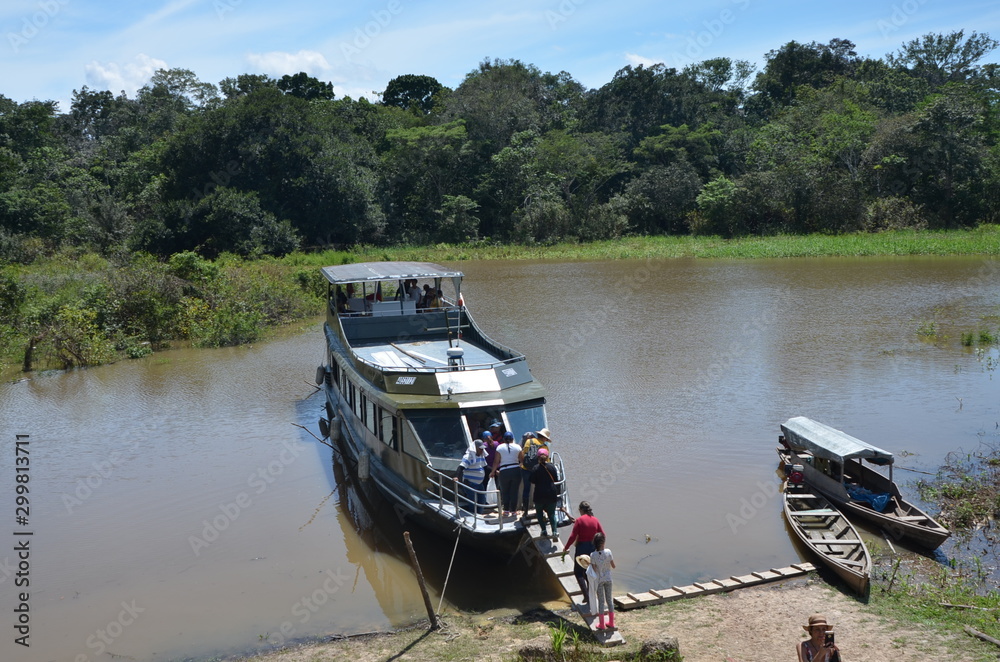 Naklejka premium Typical wooden boats for transportation in the Amazon River Colombia