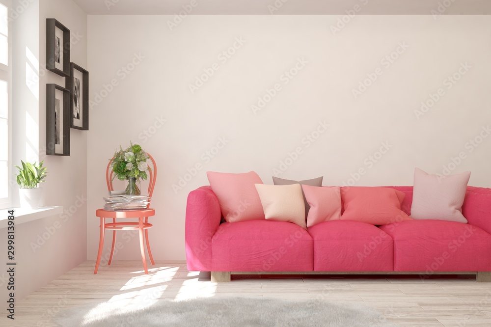 Stylish room in white color with pink sofa. Scandinavian interior design. 3D illustration Stylish room in white color with pink sofa. Scandinavian interior design. 3D illustration