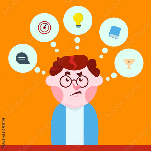 man with speech bubbles. simple design with cartoon guy thinking. flat design illustration