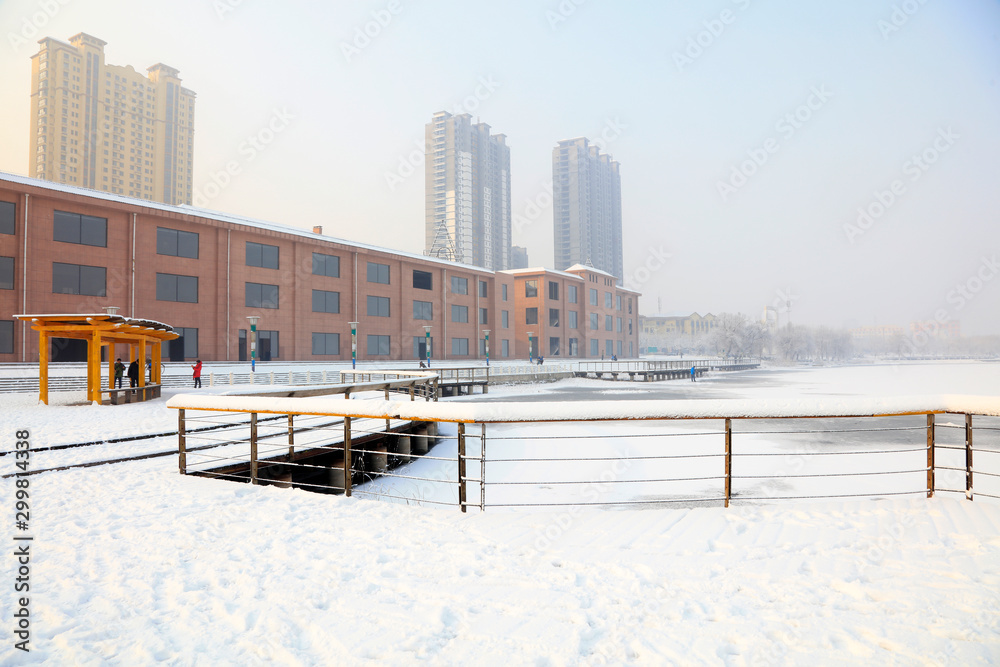 Urban architectural landscape in snow