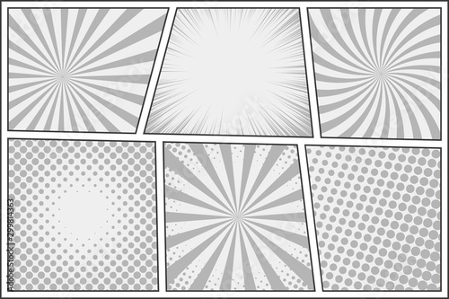 Comic book page template with different backgrounds. Pop art style
