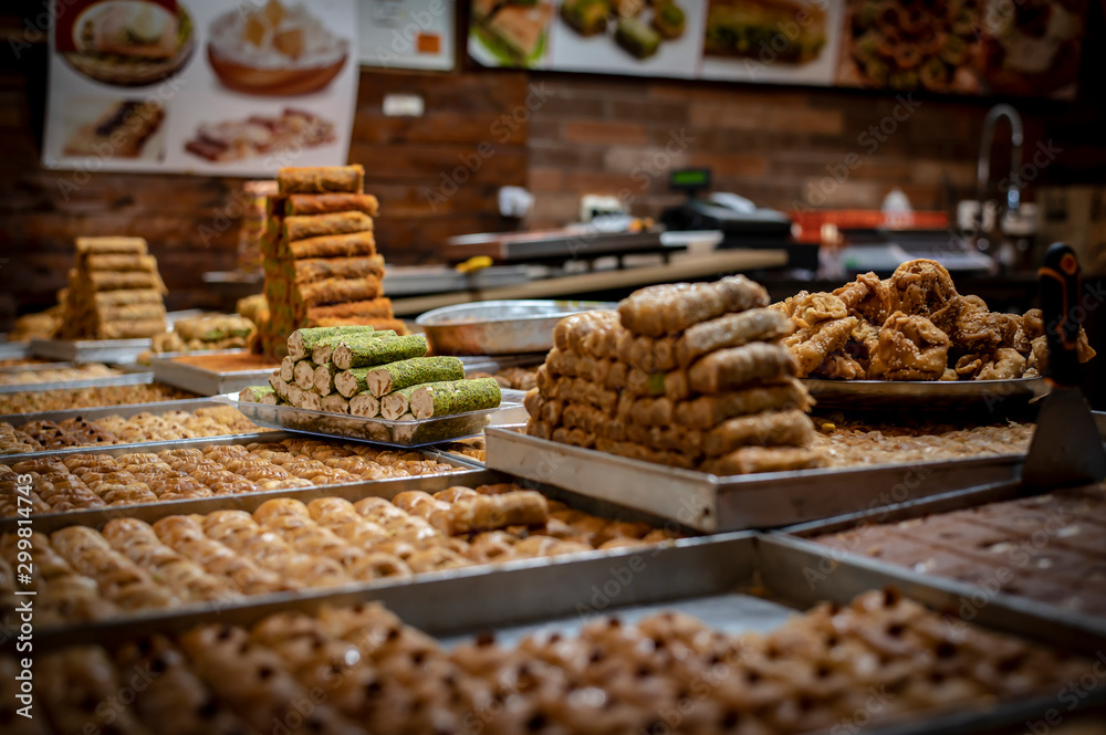 Sweet Middle East Baklava at the counter in the market