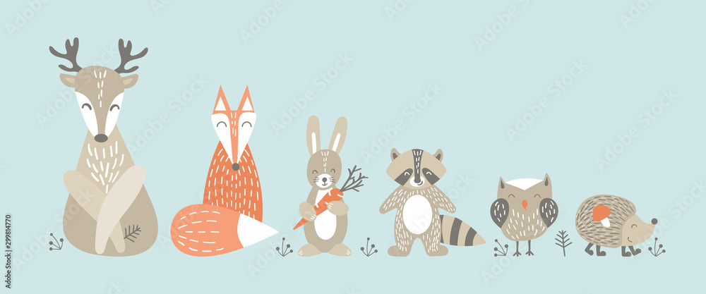 Set of cute cartoon woodland animals in scandinavian style. Funny  characters on blue background. Flat vector illustration. Stock Vector |  Adobe Stock