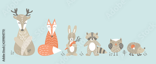 Fototapeta Zestaw zwierząt leśnych kreskówka w stylu skandynawskim. Śmieszne postacie na niebieskim tle. Ilustracja wektorowa płaskie