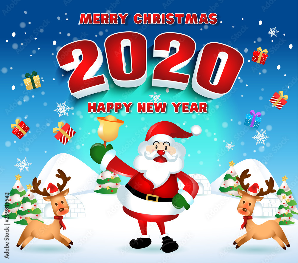 Merry christmas and Happy new year 2020 with santa claus cute cartoon.for Christmas and New Year background.vector illustration Merry christmas and Happy new year 2020 with santa claus cute cartoon.for Christmas and New Year background.vector illustration