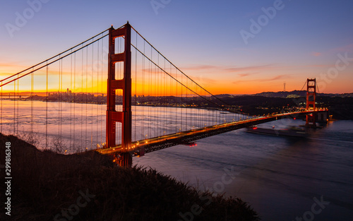 Photography Golden Gate Bridge in San Francisco with Ship Passing Under