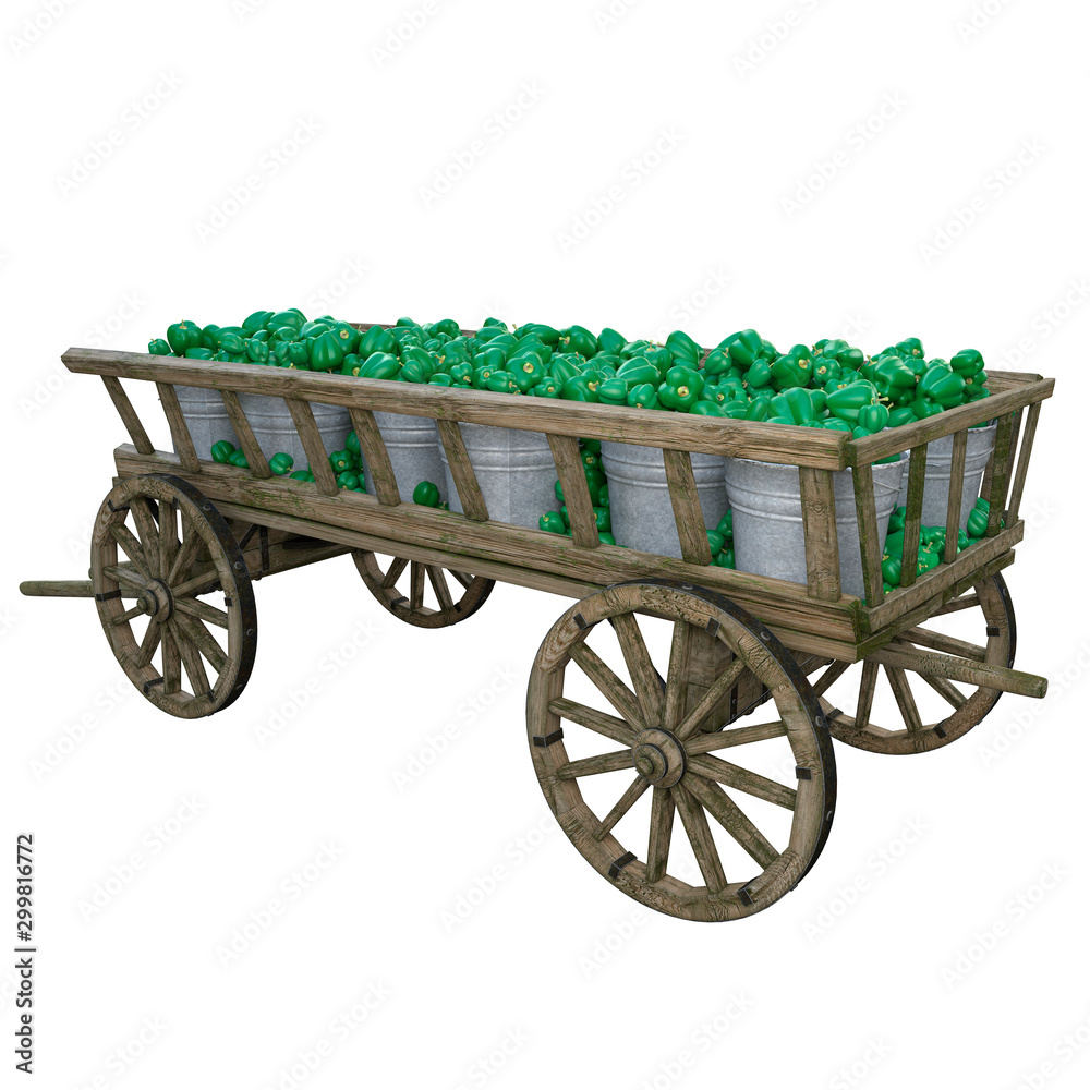 Green pepper in a wooden cart