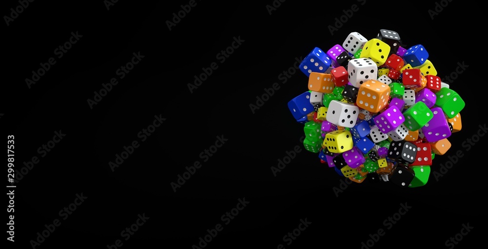 A Lot Of Colorful Modern Dices In Form Of Sphere Isolated On The Black Background - Abstract Casino Concept - 3D Illustration
