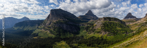 Glacier National Park, Montana, United States. Beautiful Panoramic View of American Rocky Mountain Landscape during a Cloudy Summer Morning.