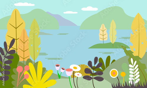 Flat Nature landscape - mountains  sea or river  plants  leaves  trees and sky. Vector illustration in trendy flat style and bright colors - background with copy space for text  banner  greeting card