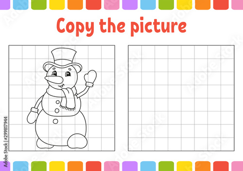 Copy the picture. Coloring book pages for kids. Education developing worksheet. Game for children. Handwriting practice. Funny character. Cute cartoon vector illustration.