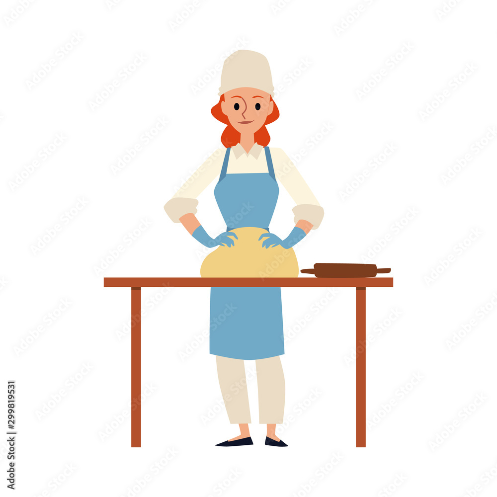 Cartoon baker kneading dough - woman in chef hat and apron standing by table