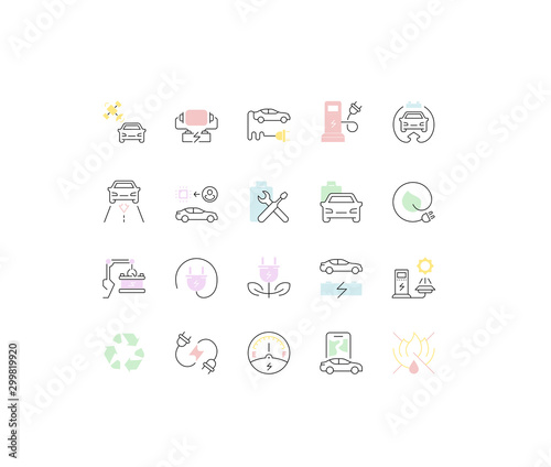 Set Vector Line Icons of Electric Vehicle.