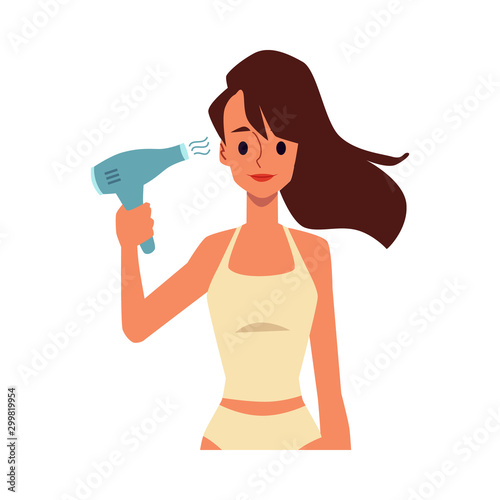 Woman makes styling with hair dryer, flat cartoon vector illustration isolated.