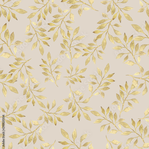 Beautiful watercolor pattern. Golden branches with leaves on calm light background. Seamless pattern.