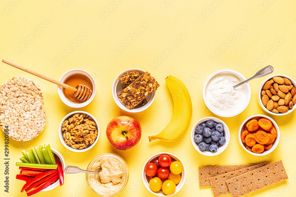 Healthy snack concept, top view. - obrazy, fototapety, plakaty 