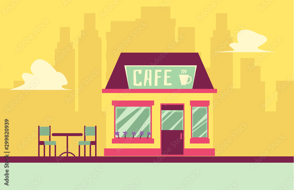 Small cafe building facade with outdoor seating on cityscape background