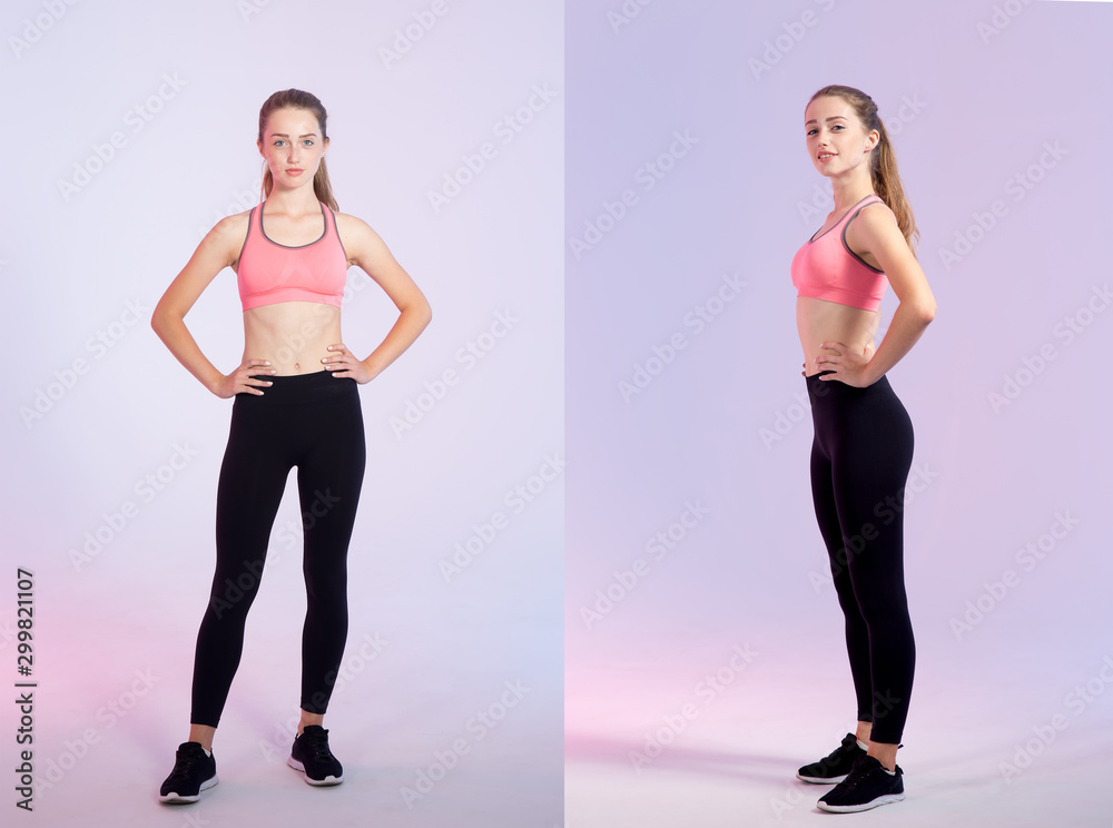 Young woman in full growth in fitness clothes standing on a pink purple background. In front face and in profile. Young woman in full growth in fitness clothes standing on a pink purple background. In front face and in profile.