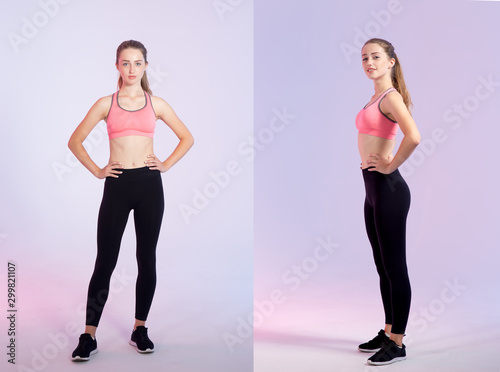 Fototapeta Naklejka Na Ścianę i Meble -  Young woman in full growth in fitness clothes standing on a pink purple background. In front face and in profile.