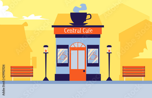 Central cafe building exterior with giant cup of steaming coffee on facade roof