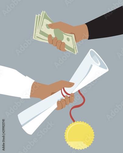 Money offered for a diploma ether as a bribe of a cost of education, EPS 8 vector illustration