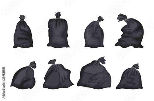 Black trash bag set isolated on white background - flat garbage disposal bags photo