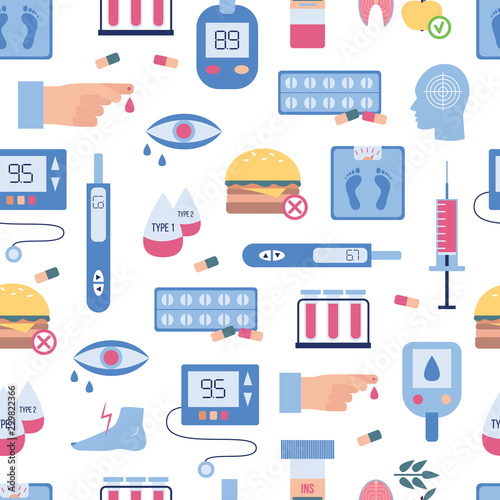 Diabetes seamless pattern - flat vector icons of medicine, symptoms and tools